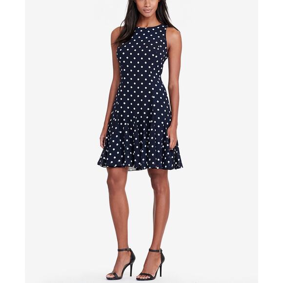 Ralph Lauren Polka Dot Fit‎ & Flare Mini Dress 12 Navy - Picture 1 of 10